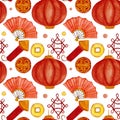 Watercolor pattern with lantern, fan, coin on white background. For various products in asian style, Chinese New Year Royalty Free Stock Photo