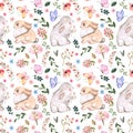 Watercolor bright seamless pattern with two little cute bunnies, spring flowers and leaves, flying butterfly on white background Royalty Free Stock Photo