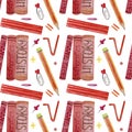 Watercolor seamless school pattern with pencil, books, mathemathic symbols, ruler on white background. Royalty Free Stock Photo