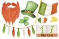 Watercolor st. Patrick day collection. Clover, irish flag, garland, hat, beard, lips, gold isolated on white background. Royalty Free Stock Photo