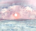 Watercolor pink sunrise, the sun over sea. Watercolor landscape background. Waves, clouds and birds. Concept of quiet in nature. Royalty Free Stock Photo