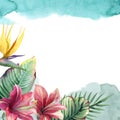 Watercolor bright tropical flowers with green palm leaf with paint splash
