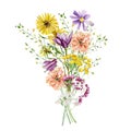 Watercolor bright wild flower bouquet. Arragement composition with meadow bright wildflowers, rose, peony, herbs, leaves, branches