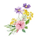 Watercolor bright wild flower bouquet. Arragement composition with meadow wildflowers