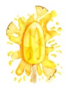 Watercolor bright yellow pineapple popsicle on paint splash