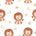 Watercolor brown baby lion and stars seamless pattern on white background Royalty Free Stock Photo