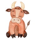 Watercolor brown bull baby isolated on white background. Farm animals