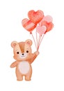 Watercolor Brown Color Teddy Bear Holding Balloons Vector Royalty Free Stock Photo