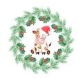 Watercolor brown cow in santa`s hat in christmas wreath frame isolated on white background Royalty Free Stock Photo