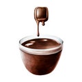 Watercolor brown glass bowl of liquid melted chocolate or. Hand drawn realistic coffee illustration isolated on white