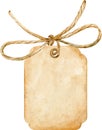 Watercolor brown paper tag tied up with a rope bow isolated on white background. Royalty Free Stock Photo