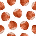 Watercolor brown whole hazel nuts seamless pattern on white background