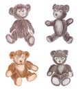 Watercolor brush drawings of set old stuffed toys teddy bears
