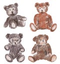 Watercolor brush drawings of various old stuffed toys teddy bears