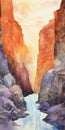 Romanticism Watercolor Painting Of A Desert Canyon At Sunrise