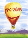Watercolor brush stroke sketch of vivid yellow hot air balloon against serene landscape of distant mountains, green