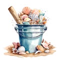 Watercolor bucket full of seashells. Hand drawn illustration isolated on white background