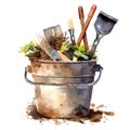 Watercolor bucket with gardening tools. Hand drawn illustration on white background