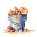 Watercolor bucket with seashells. Hand drawn illustration isolated on white background