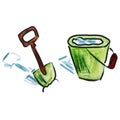 Watercolor bucket shovel green cartoon figure