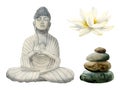 Watercolor Buddha illustration set with stone statue, balanced stones pyramid and lotus flowers