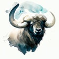 Watercolor buffalo head on white background. Ink and watercolor illustration. AI Generated