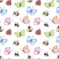 Watercolor bugs and insects seamless pattern. Cute bee, butterfly, lady bug on white background. Summer meadow illustration print Royalty Free Stock Photo