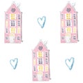 Watercolor building city pattern with hearts