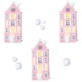 Watercolor building city with snowballs pattern background, web design