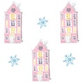 Watercolor building city with snowflakes pattern background, web design