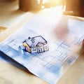 Watercolor of building house on blueprints with worker construction project Royalty Free Stock Photo