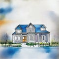 Watercolor of building house on blueprints with worker construction project Royalty Free Stock Photo