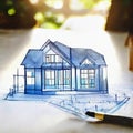 Watercolor of building house on blueprints with worker construction project Royalty Free Stock Photo