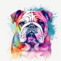 Watercolor Bulldog portrait, painted illustration of a cute dog on a blank background, Colorful splashes puppy head, AI