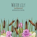 Watercolor bulrush and pink lotus background, greeting card template, artistic design background