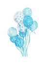 Watercolor Bunch of Balloons. Hand drawn pack of party blue balloons.