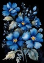 Watercolor bunch of blue flowers on a black background, microscopic, rococo, from flowers, fine mist, black background