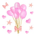 Watercolor bunch of pink balloons, stars, bows and hearts set. Hand drawn cute Birthday clipart. Air balloons for kids, party,