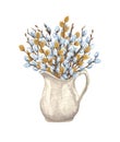 Watercolor bunch of pussy willow twigs in a white jar. Spring bouquet. Easter decorations. Hand drawn illustration