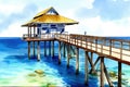 Watercolor bungalow at the seaside, vacation illustration