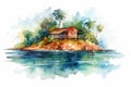 Watercolor bungalow at the seaside, vacation illustration