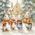 Watercolor bunnies in clothes singing Christmas tree. Illustration AI Generative