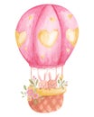 Watercolor bunnies on a pink hot air balloon with hearts isolated on a white background. Rabbits in watercolor technique