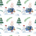 Watercolor Bunny Christmas seamless pattern. Cute Hare with gifts