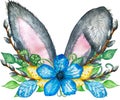 Watercolor bunny ears illustration. Rabbit with spring bouquet. Royalty Free Stock Photo