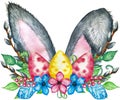 Watercolor bunny ears illustration. Rabbit with spring bouquet. Royalty Free Stock Photo