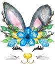 Watercolor bunny ears illustration. Rabbit with spring bouquet. Royalty Free Stock Photo