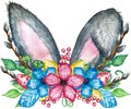 Watercolor bunny ears illustration. Rabbit with spring bouquet. Royalty Free Stock Photo