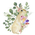 Watercolor bunny in floral bouquet. Hand drawn childish clipart animal forest, silver dollars, green plants and flowers.