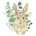 Watercolor bunny in floral bouquet for kids. Hand drawn childish clipart animal forest, silver dollars, green plants and flowers.